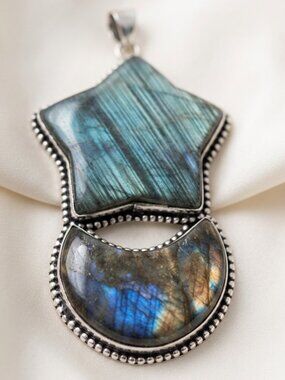 Labradorite Star and Crescent Moon Pendant Blue Gold Flash 3.25"